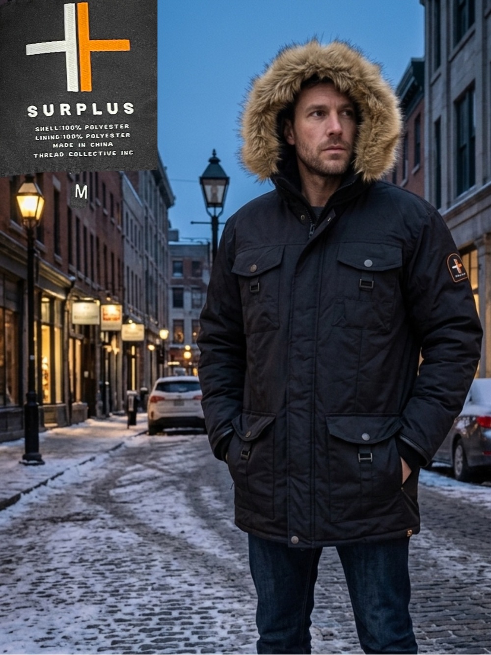 NWOT SURPLUS Men's Black Faux Fur Parka Heavyweight Coat Jacket Medium M